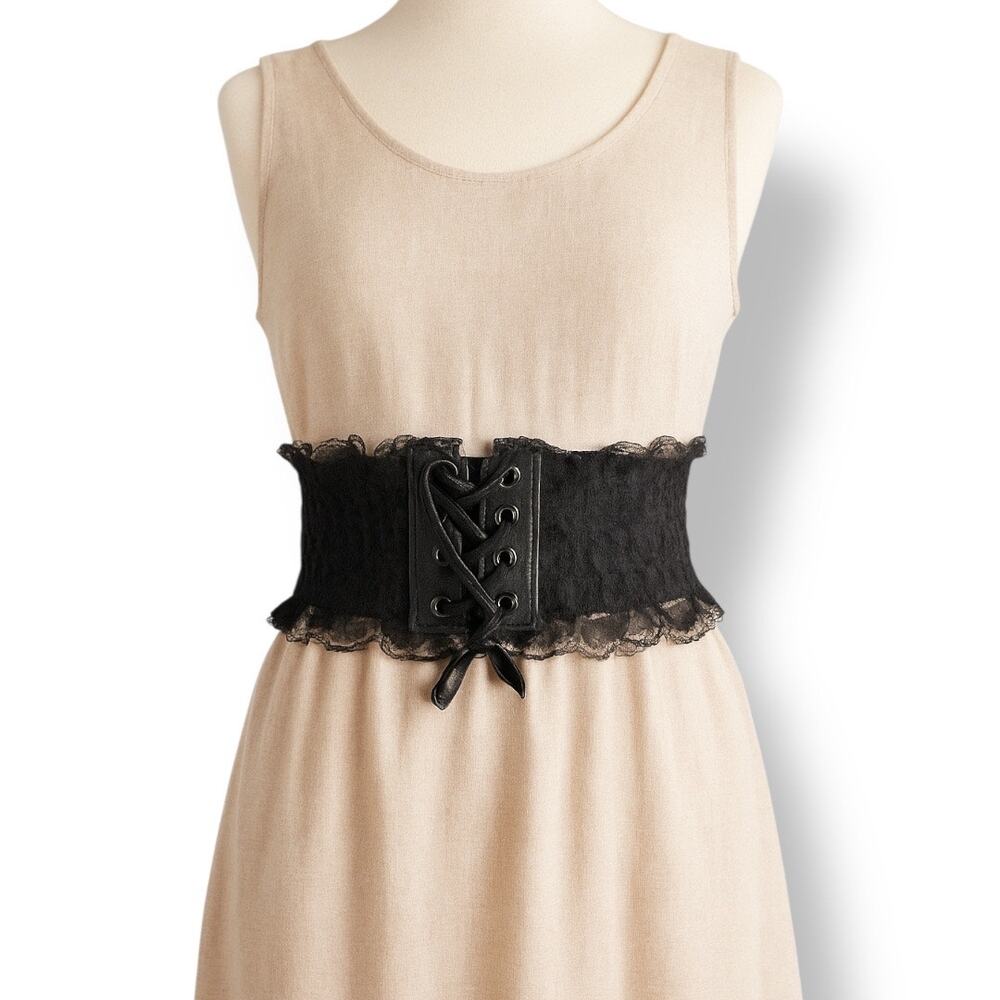 Deadstock Vintage Y2K Black Lace Corset Belt Leather Trim Statement Wide Cincher